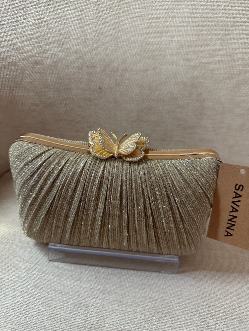 Savannah Gold Pleated Clutch with Butterfly Accent and chain